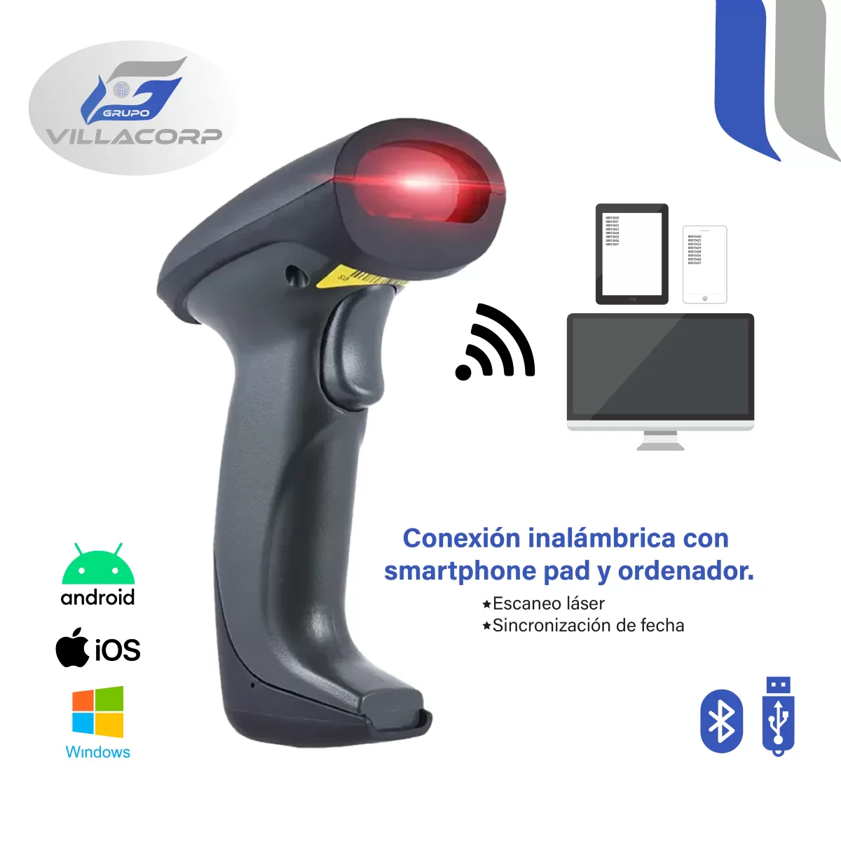 Lector de Códigos de Barras 1D y QR 2D Inalámbrico + Bluetooth