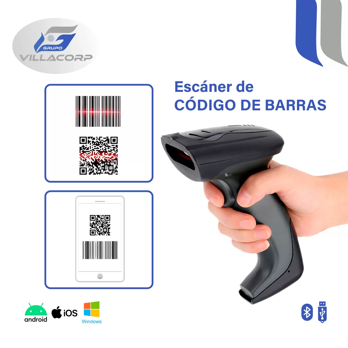 Lector de Códigos de Barras 1D y QR 2D Inalámbrico + Bluetooth