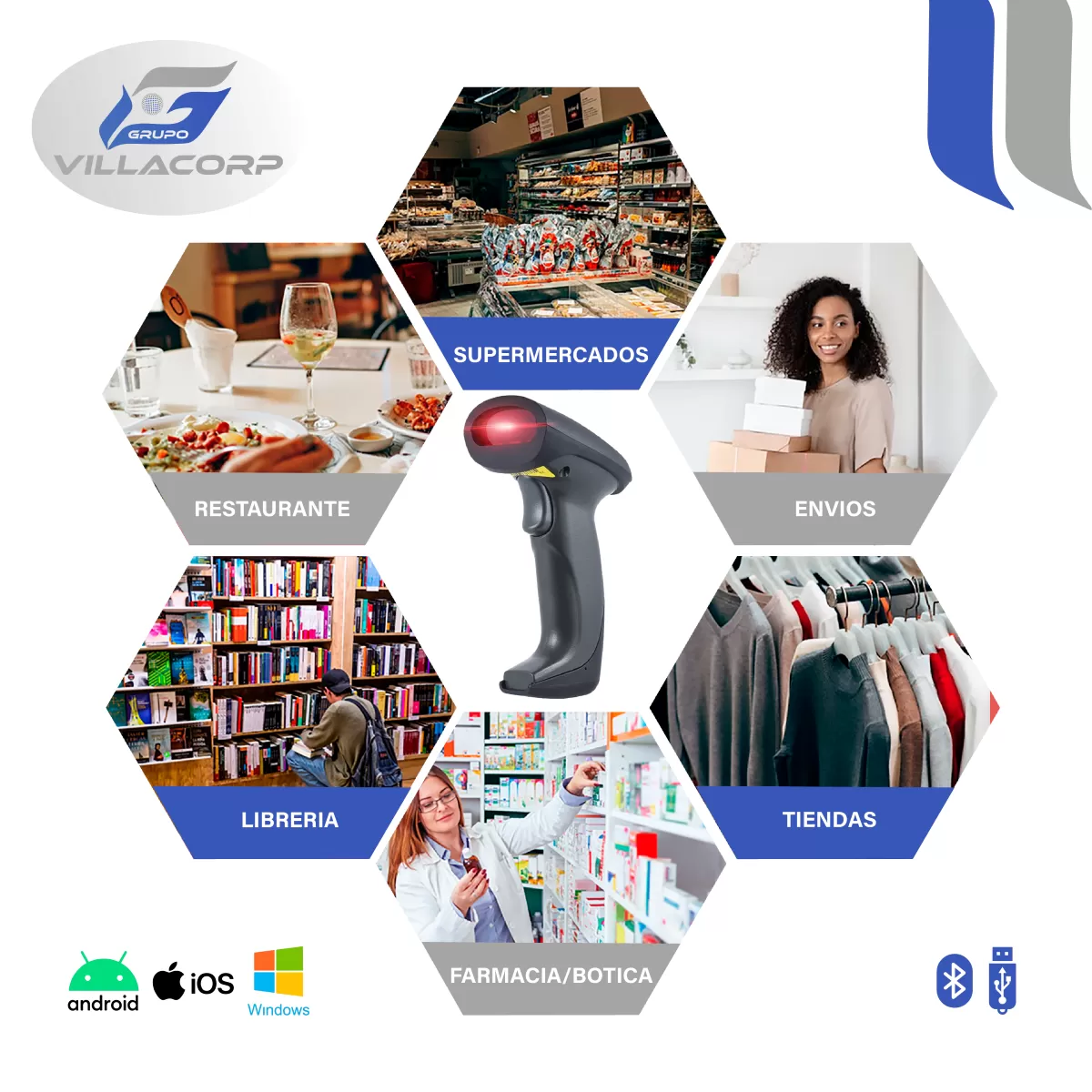 Lector de Códigos de Barras 1D y QR 2D Inalámbrico + Bluetooth