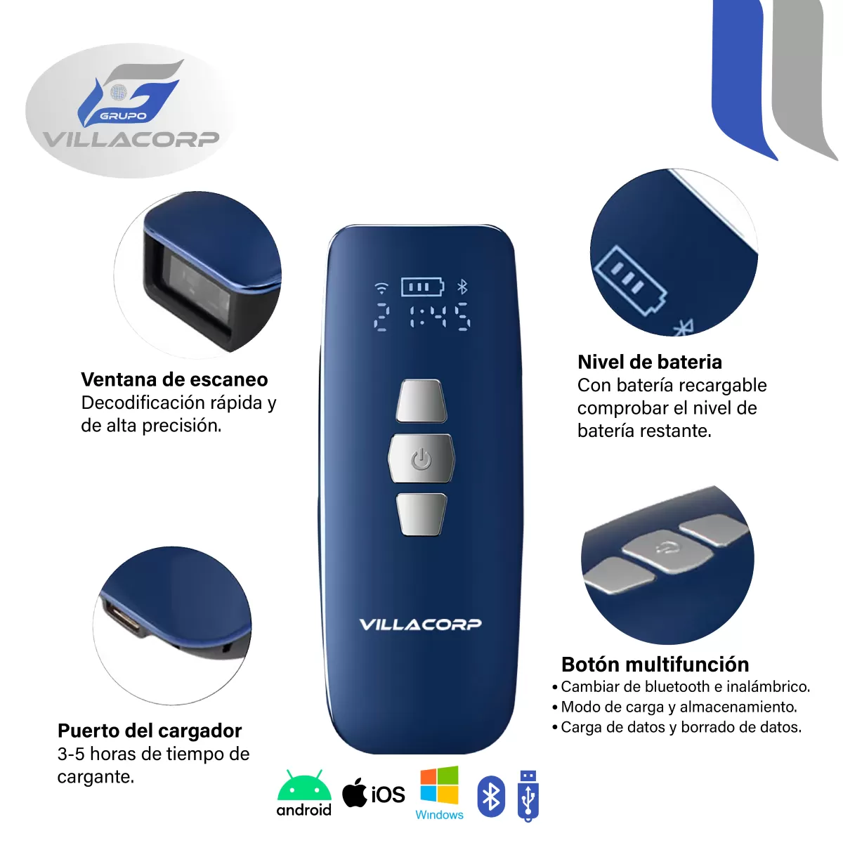 Lector de Códigos de Barras 1D y QR 2D Portátil Inalámbrico + Bluetooth