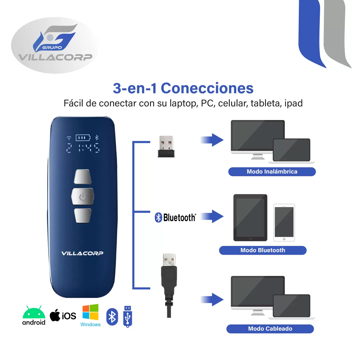 Lector de Códigos de Barras 1D y QR 2D Portátil Inalámbrico + Bluetooth