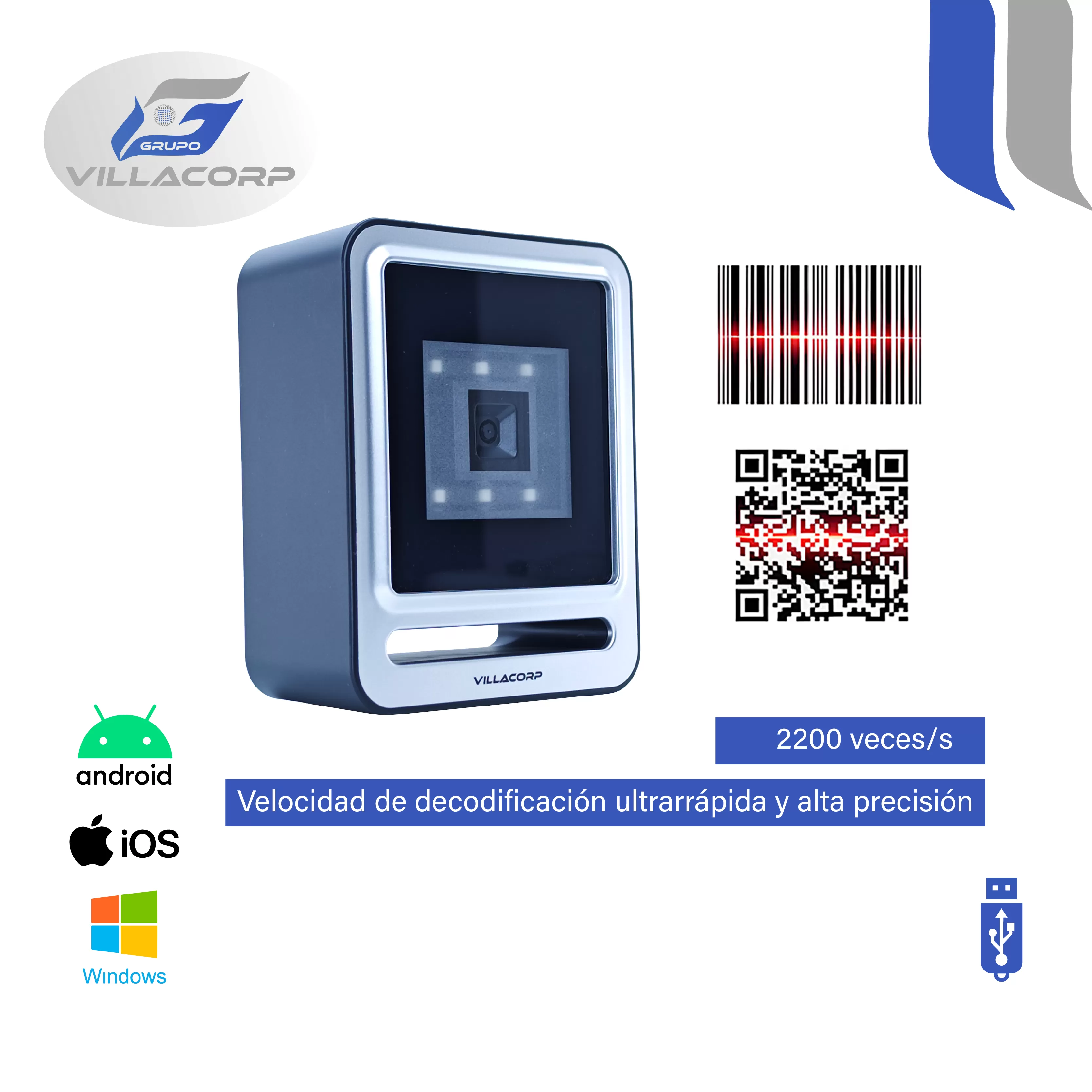 Lector Omnidireccional de Códigos de Barras 1D y QR 2D de Escritorio