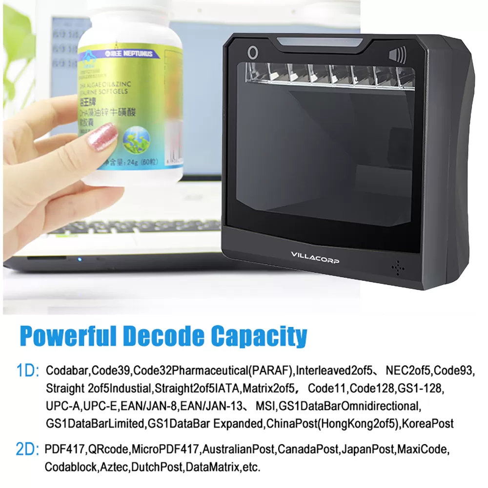 Lector Omnidireccional de Códigos de Barras 1D y QR 2D de Escritorio - Alto Rendimiento